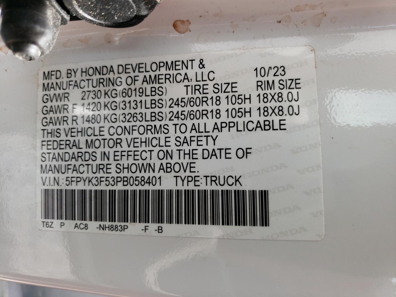 5FPYK3F53PB058401 2023 Honda Ridgeline Rtl