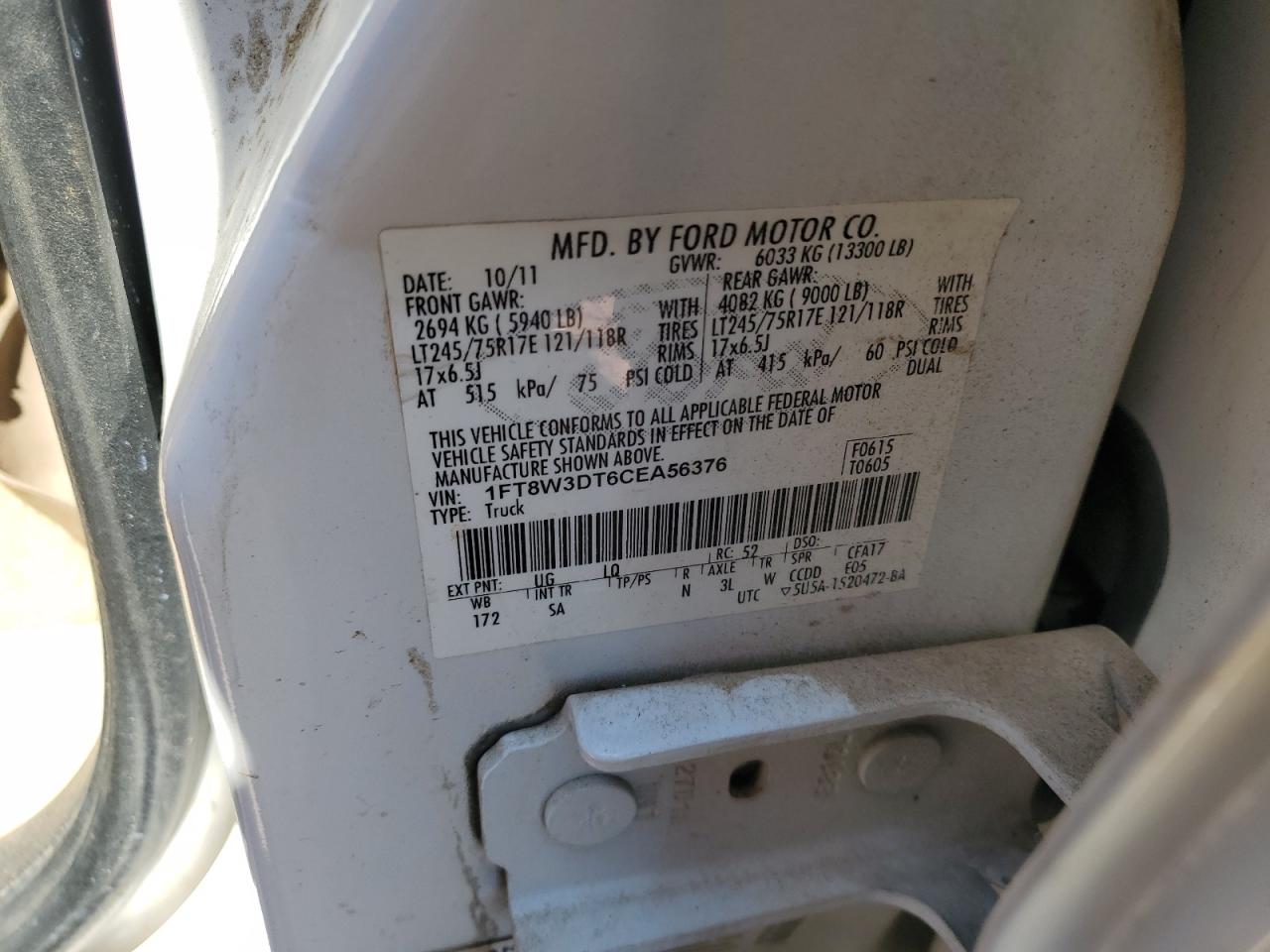 1FT8W3DT6CEA56376 2012 Ford F350 Super Duty