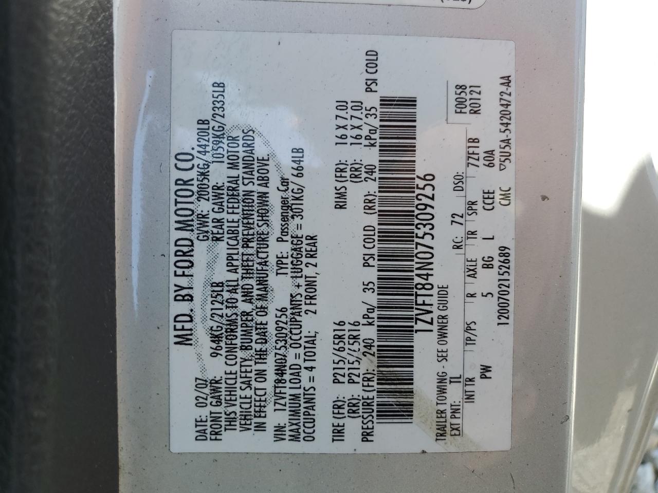 1ZVFT84N075309256 2007 Ford Mustang