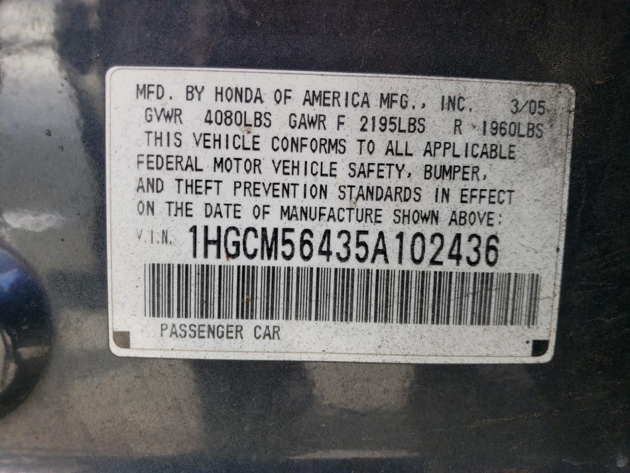 1HGCM56435A102436 2005 Honda Accord Lx