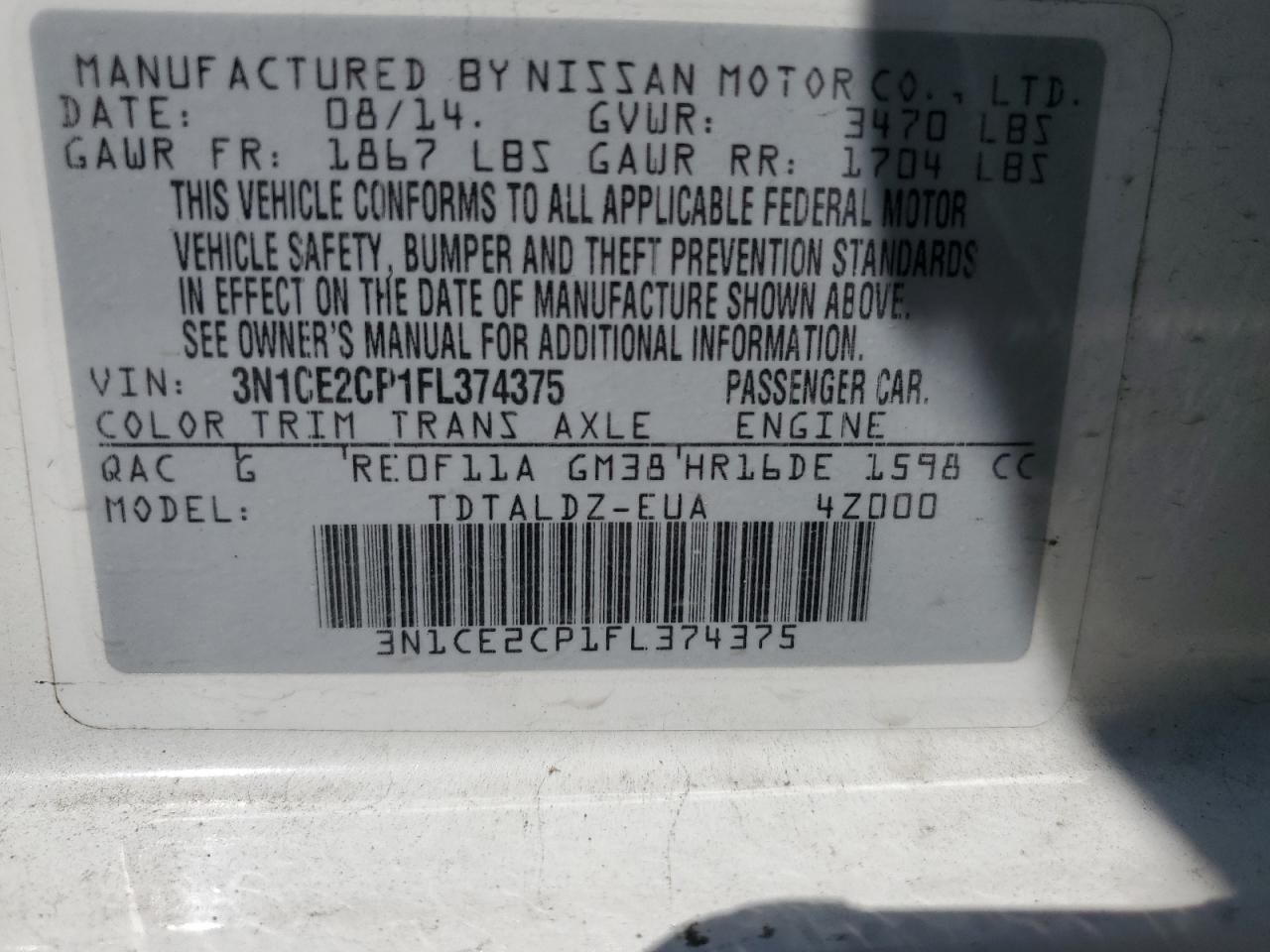 3N1CE2CP1FL374375 2015 Nissan Versa Note S