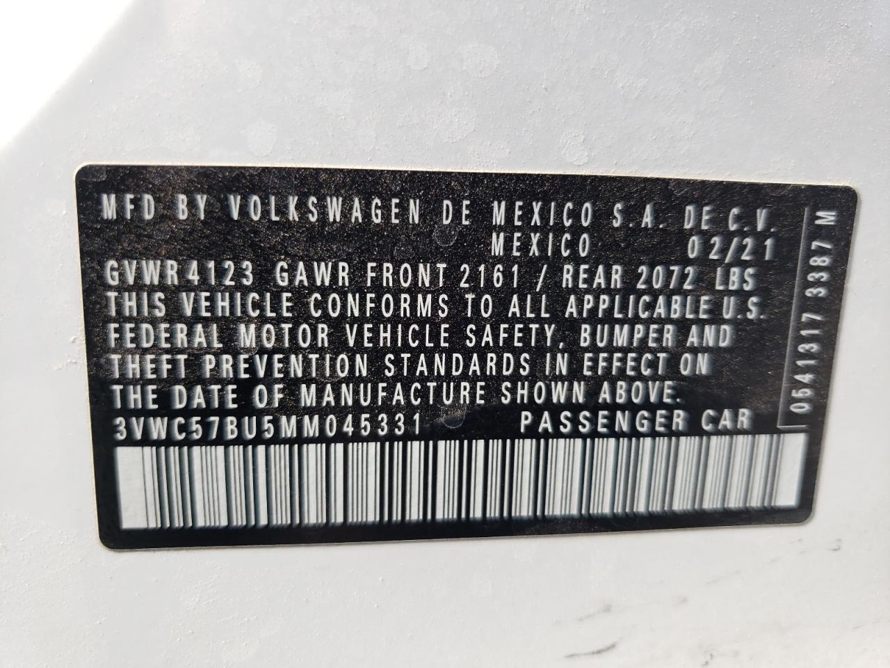 3VWC57BU5MM045331 2021 Volkswagen Jetta S