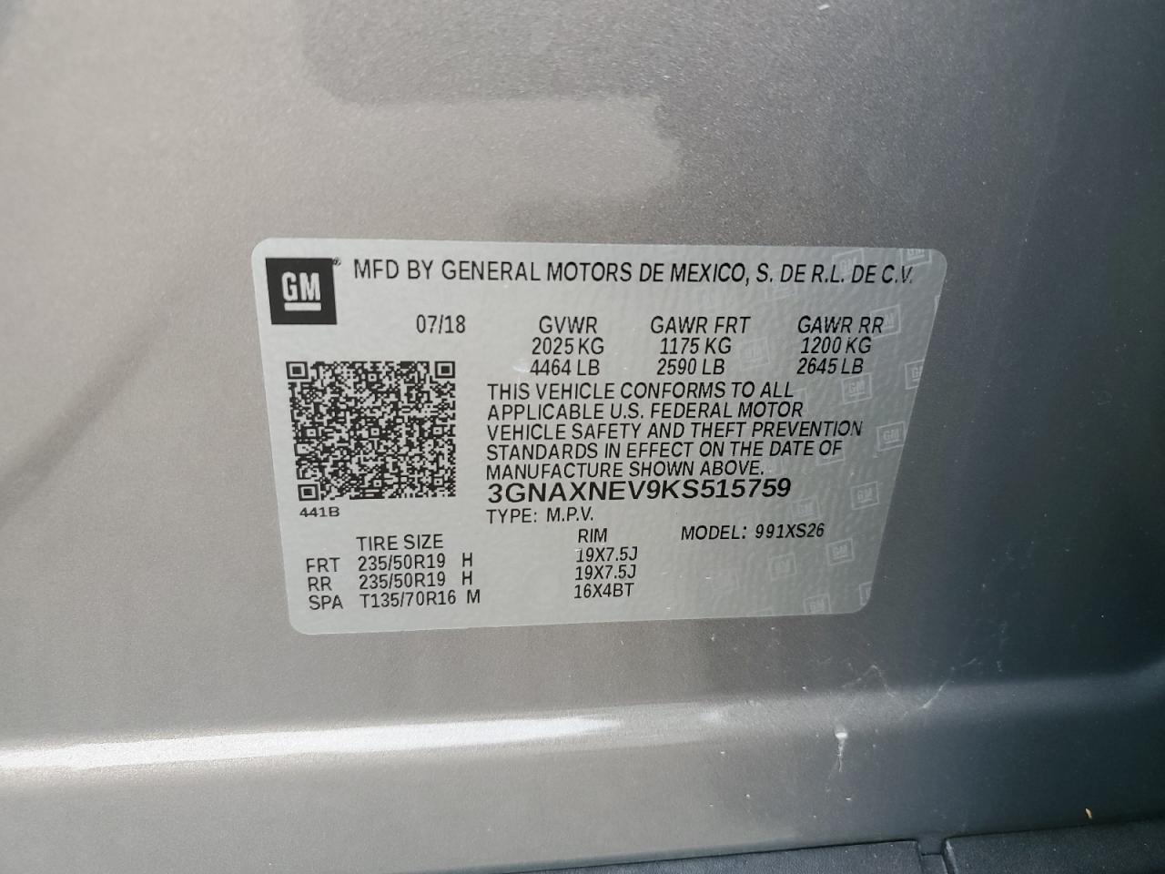 3GNAXNEV9KS515759 2019 Chevrolet Equinox Premier