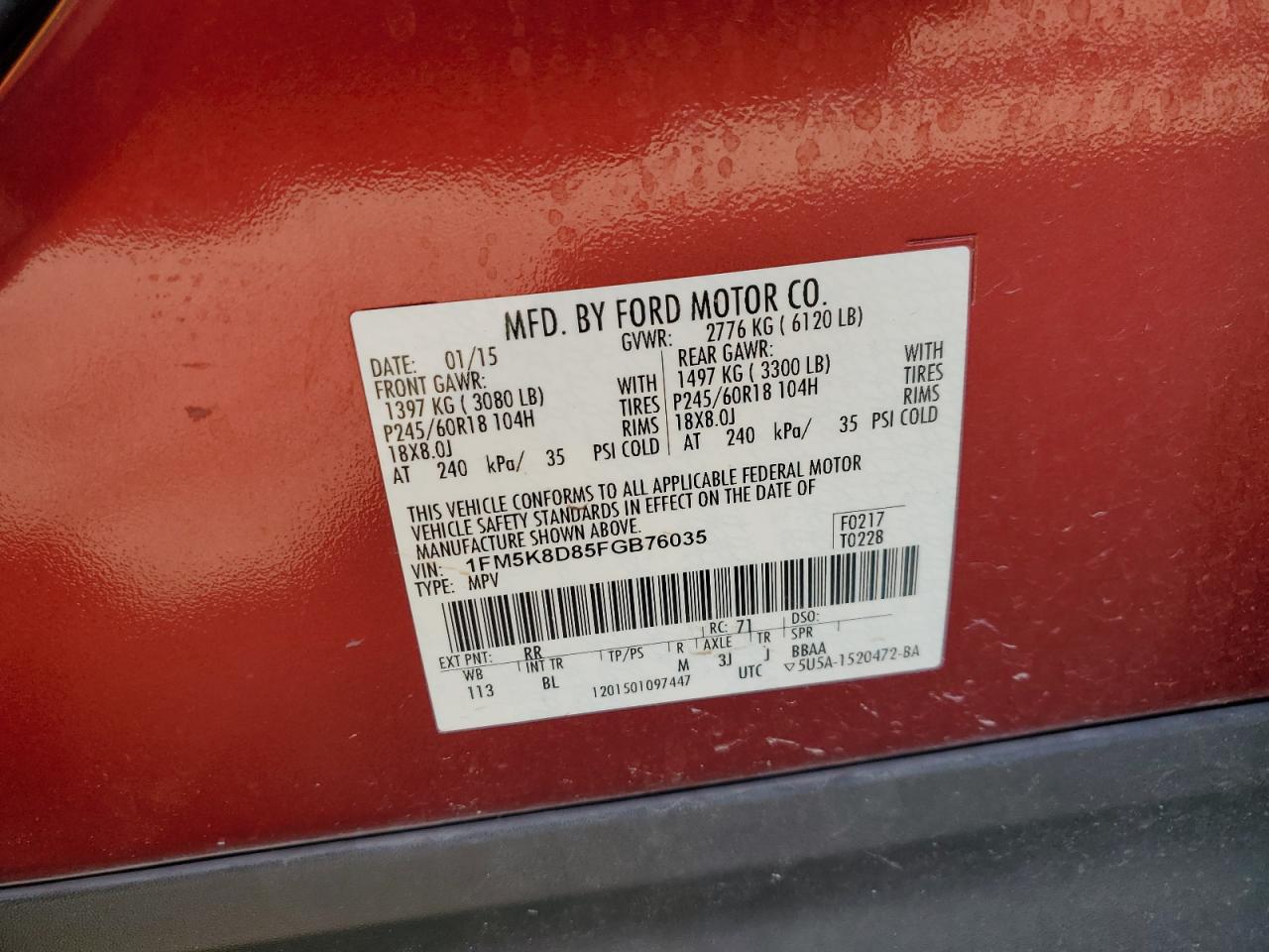 1FM5K8D85FGB76035 2015 Ford Explorer Xlt