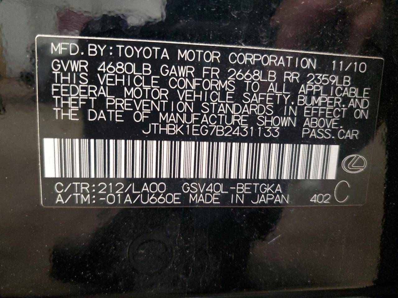 JTHBK1EG7B2431133 2011 Lexus Es 350