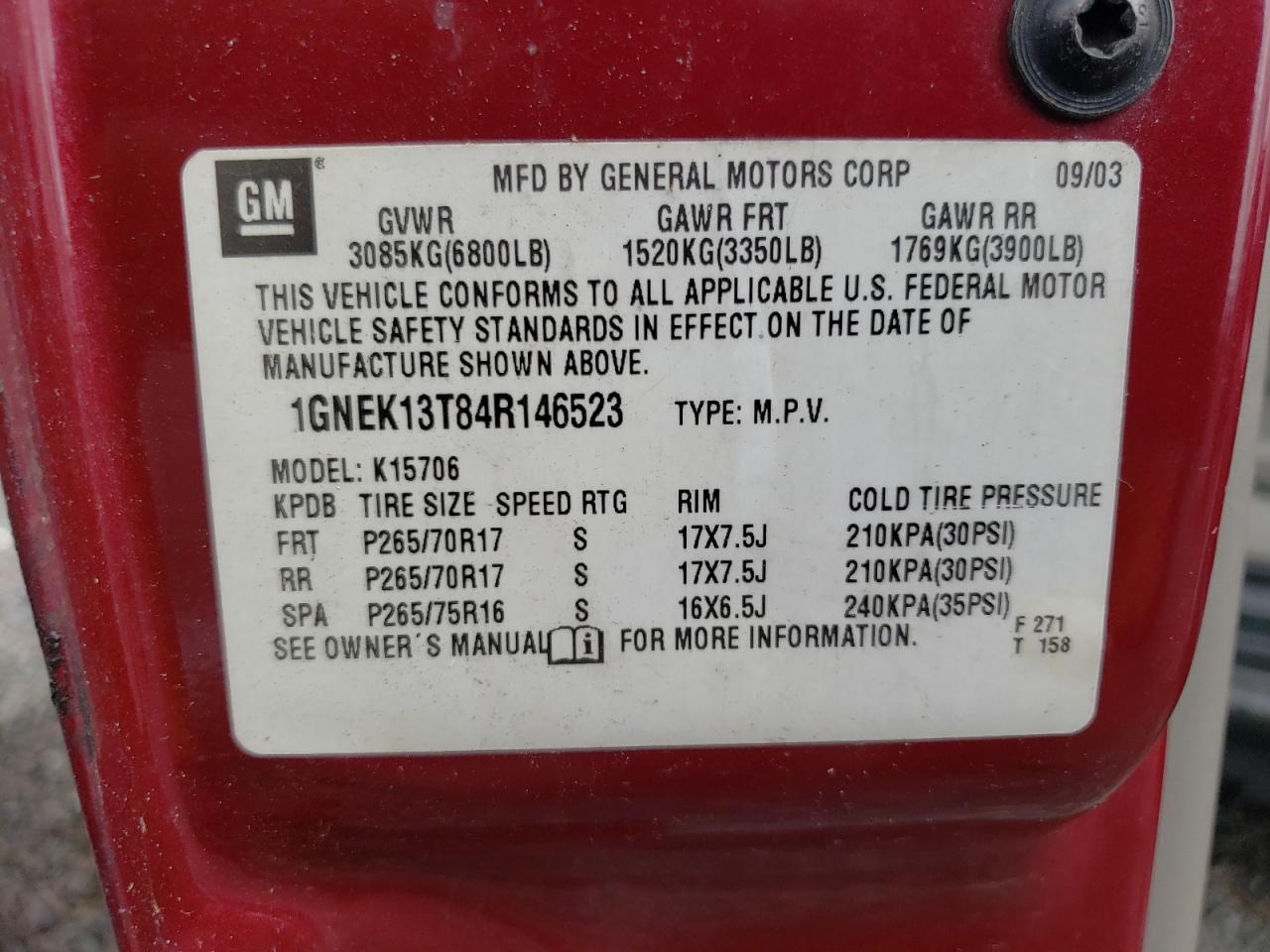 1GNEK13T84R146523 2004 Chevrolet Tahoe K1500