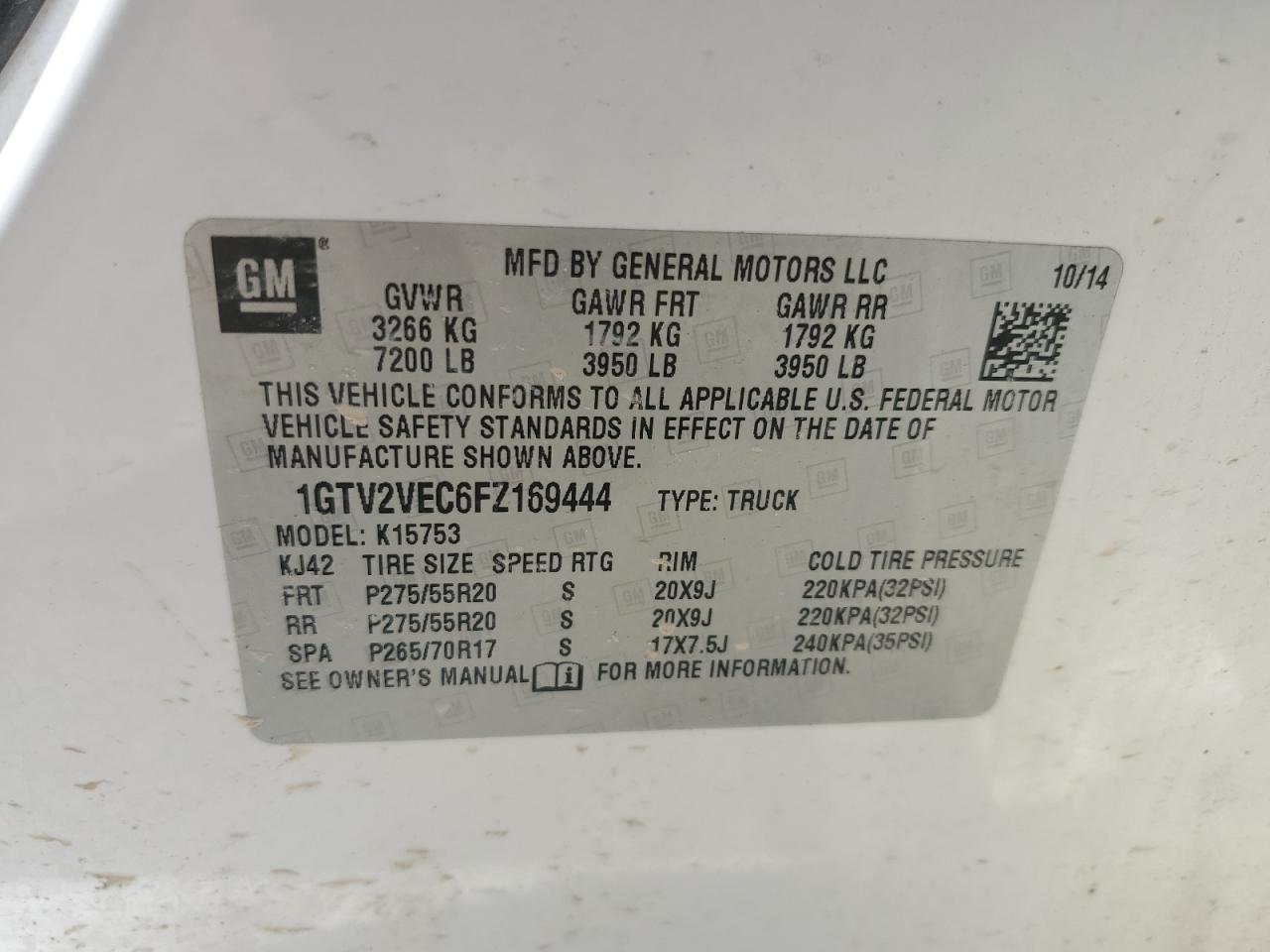 1GTV2VEC6FZ169444 2015 GMC Sierra K1500 Slt