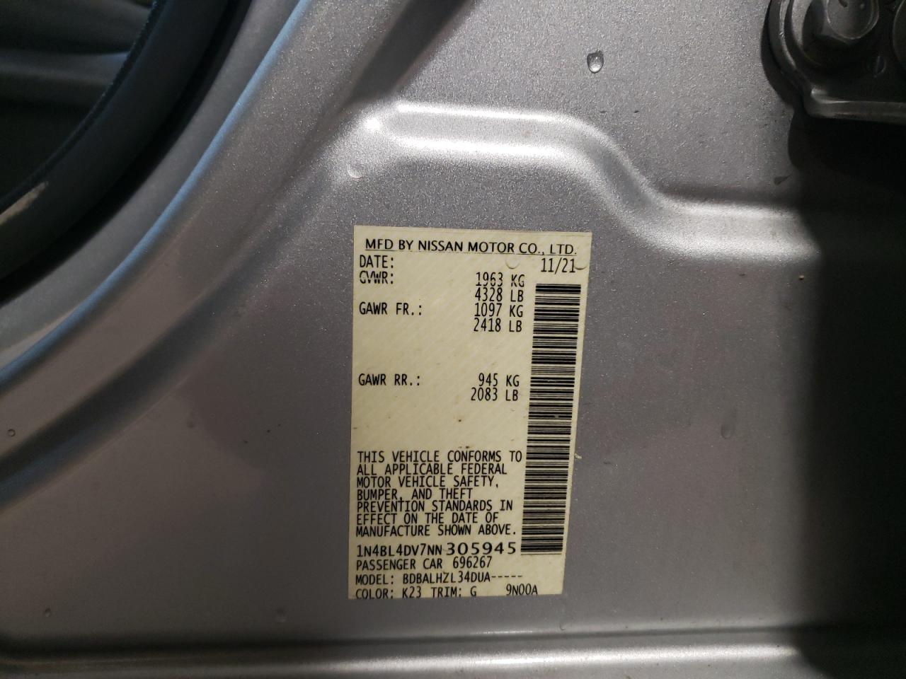 1N4BL4DV7NN305945 2022 Nissan Altima Sv