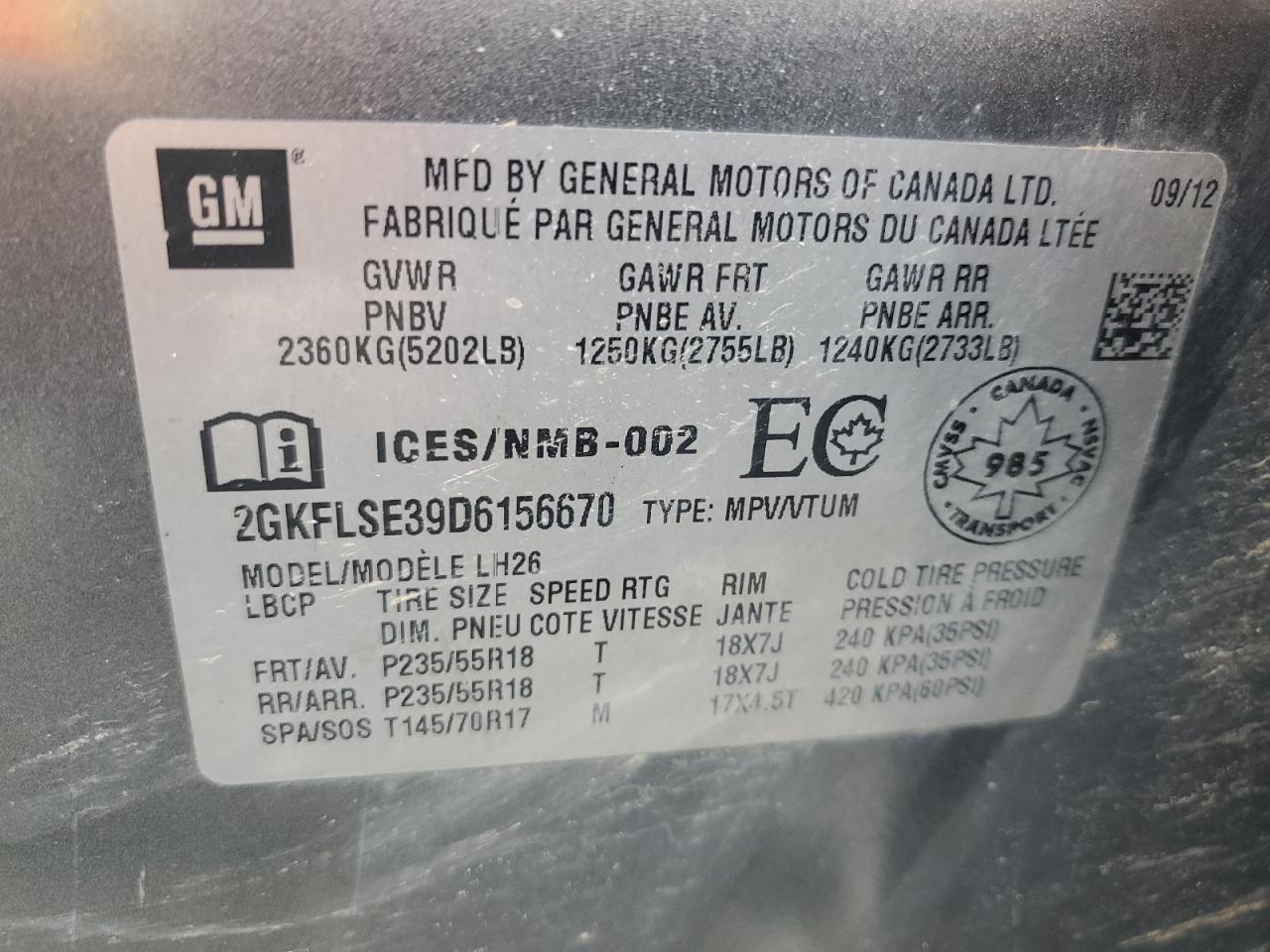 2GKFLSE39D6156670 2013 GMC Terrain Sle