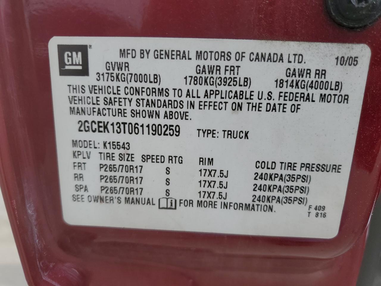 2GCEK13T061190259 2006 Chevrolet Silverado K1500