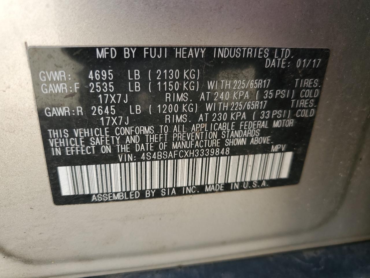 4S4BSAFCXH3339848 2017 Subaru Outback 2.5I Premium