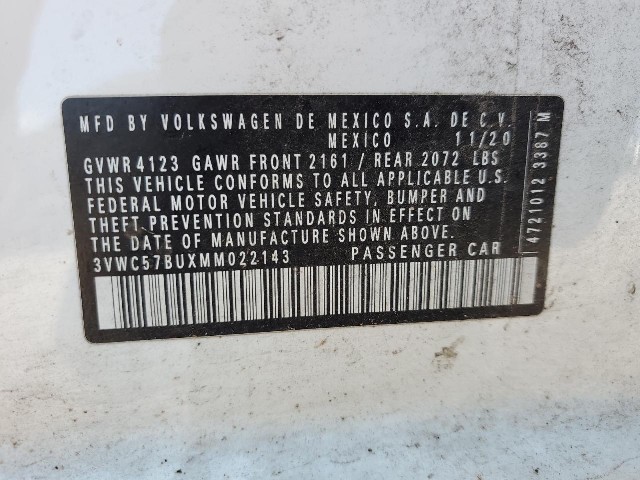 3VWC57BUXMM022143 2021 Volkswagen Jetta S