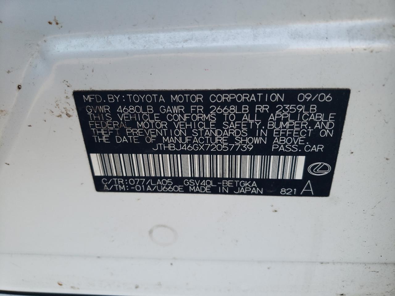 JTHBJ46GX72057739 2007 Lexus Es 350