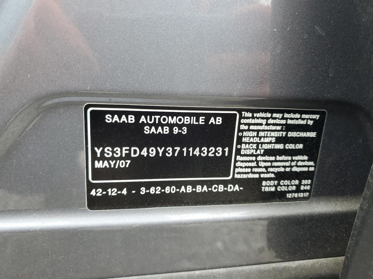 YS3FD49Y371143231 2007 Saab 9-3 2.0T