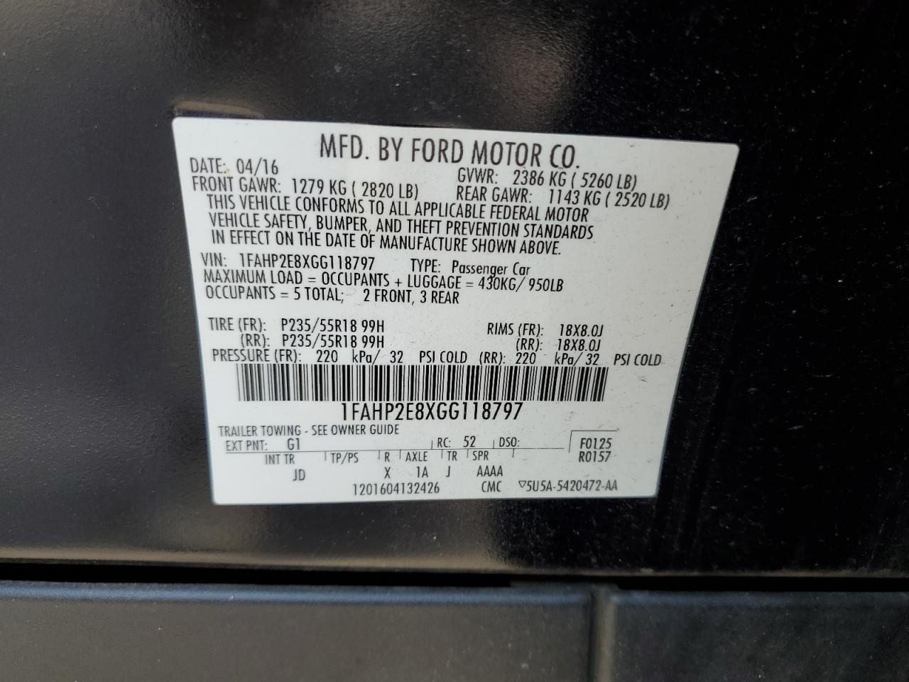 1FAHP2E8XGG118797 2016 Ford Taurus Sel