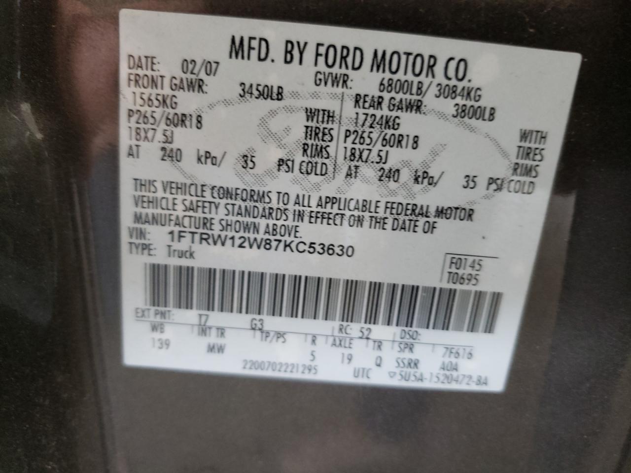 1FTRW12W87KC53630 2007 Ford F150 Supercrew