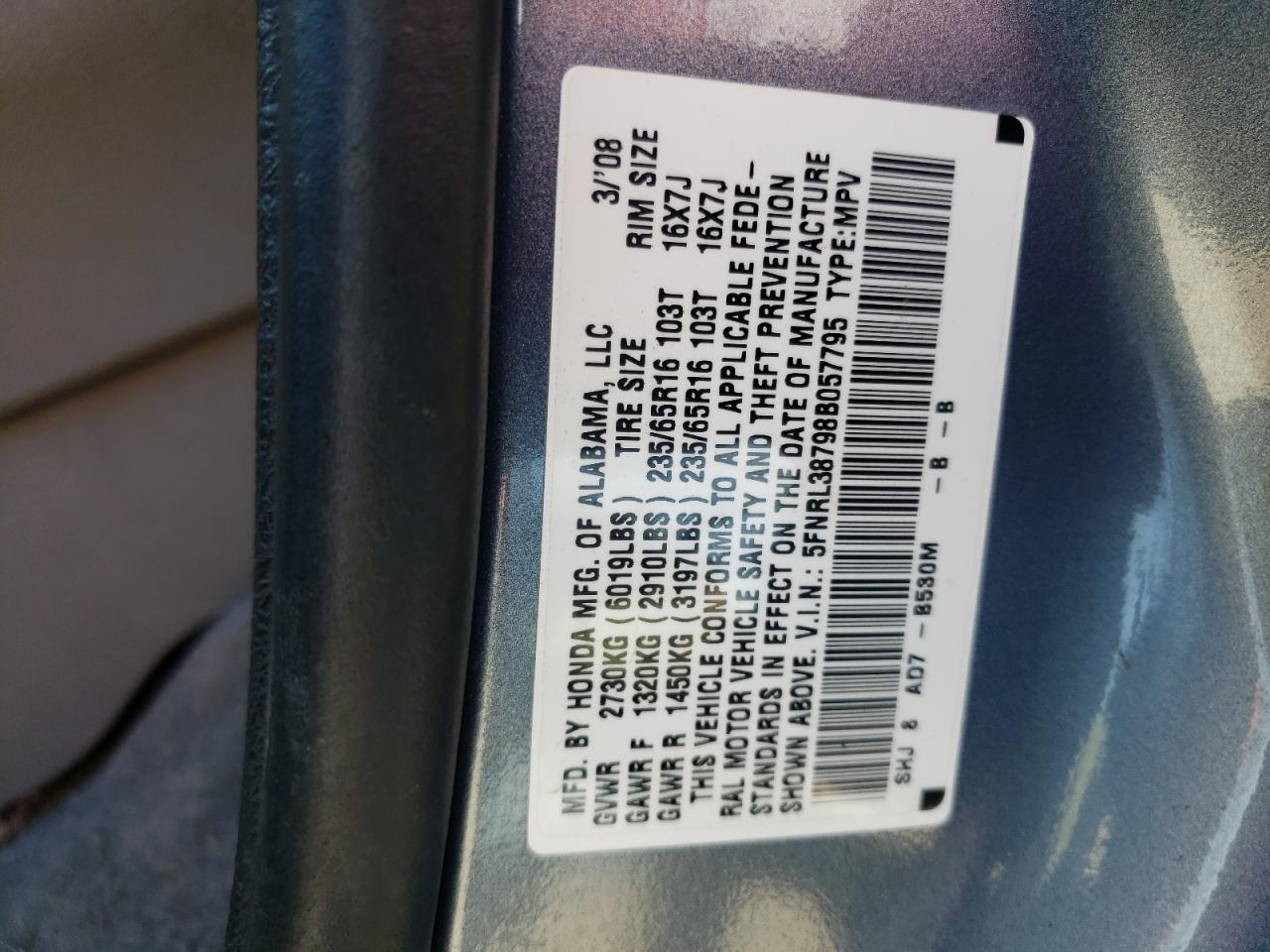 5FNRL38798B057795 2008 Honda Odyssey Exl