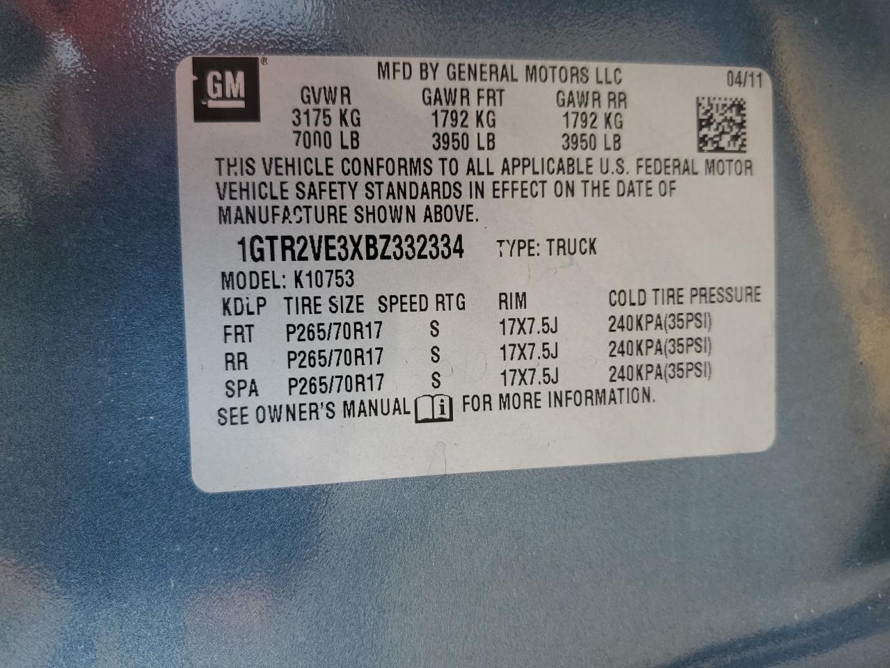 1GTR2VE3XBZ332334 2011 GMC Sierra K1500 Sle