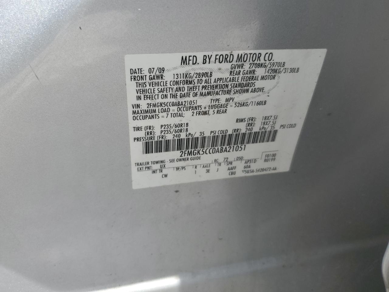 2FMGK5CC0ABA21051 2010 Ford Flex Sel