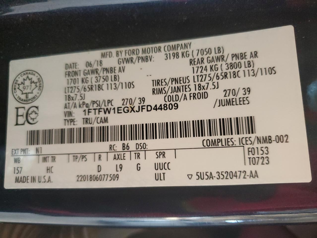 1FTFW1EGXJFD44809 2018 Ford F150 Supercrew