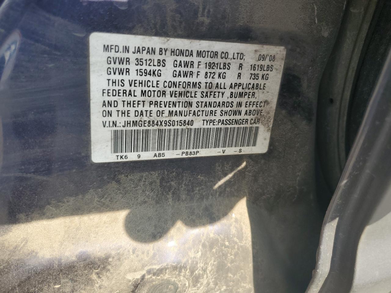 JHMGE884X9S015840 2009 Honda Fit Sport