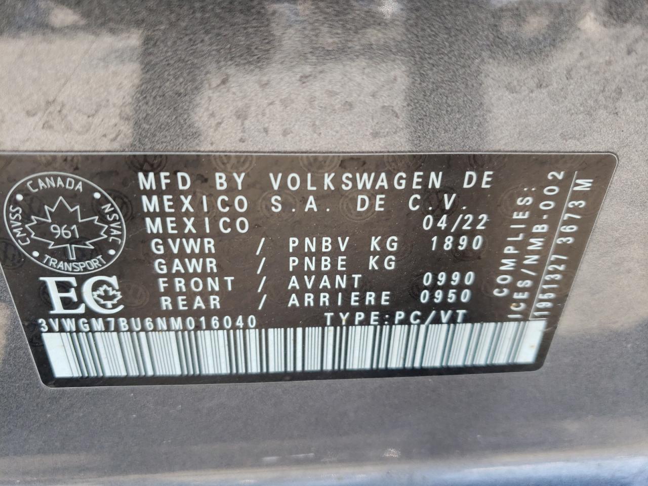 3VWGM7BU6NM016040 2022 Volkswagen Jetta Sel