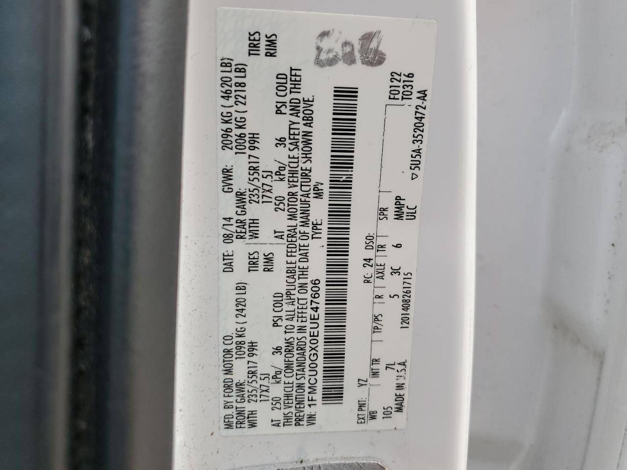 1FMCU0GX0EUE47606 2014 Ford Escape Se