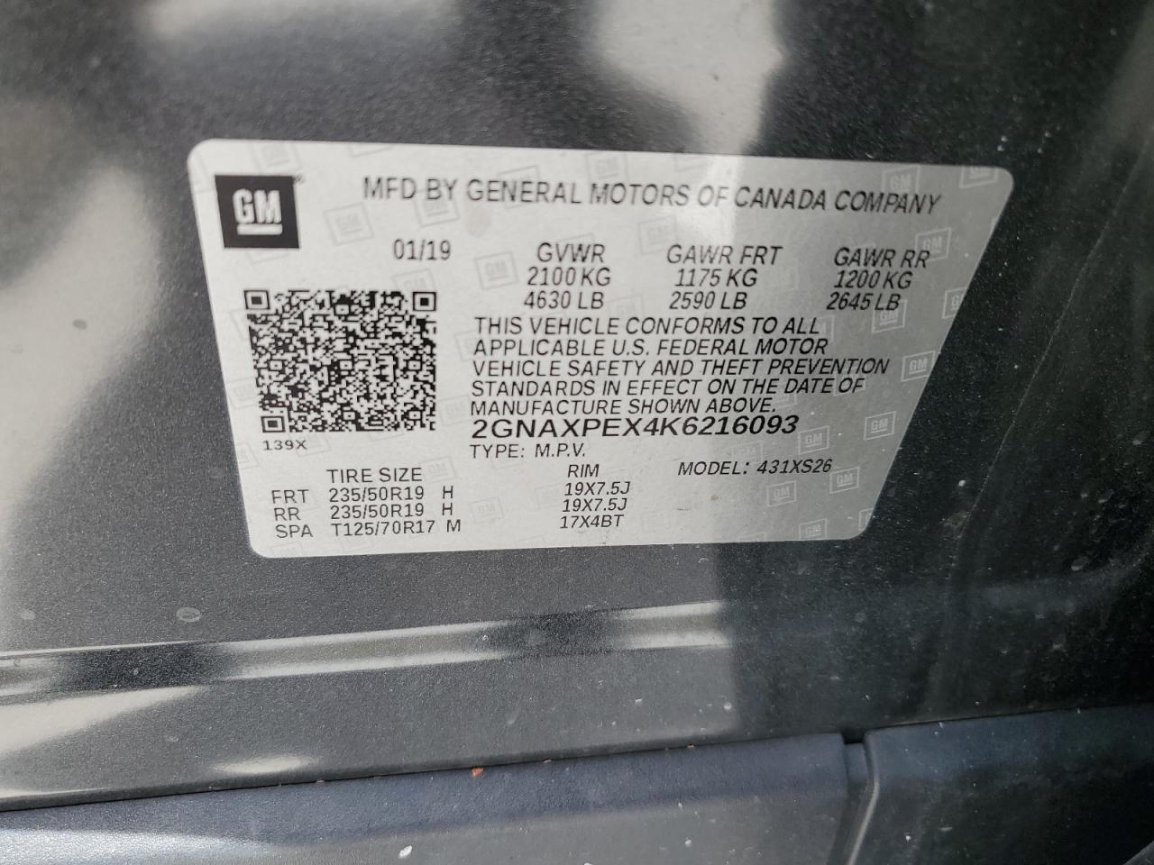 2GNAXPEX4K6216093 2019 Chevrolet Equinox Premier