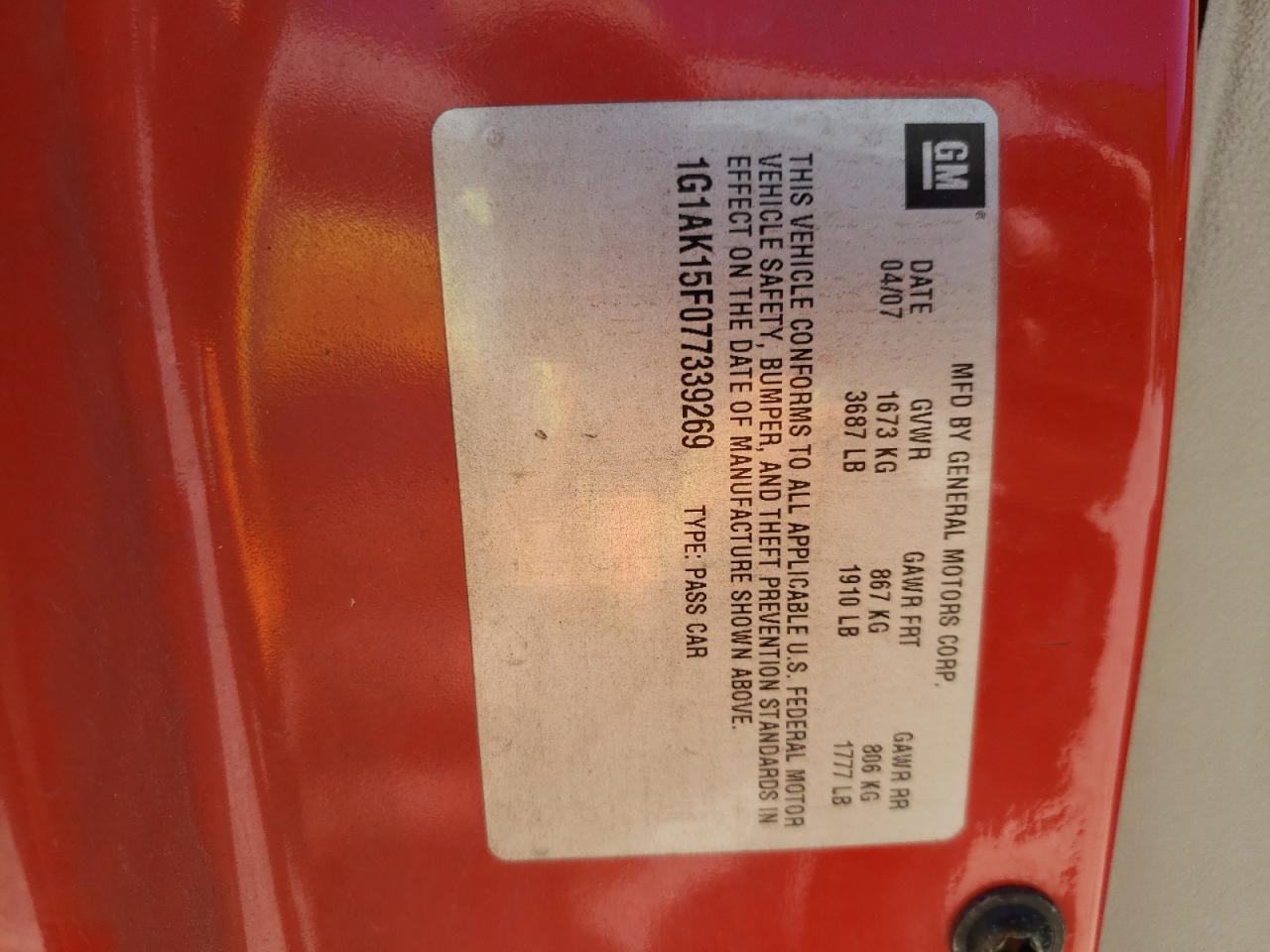 1G1AK15F077339269 2007 Chevrolet Cobalt Ls