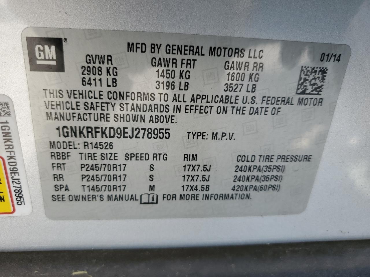 1GNKRFKD9EJ278955 2014 Chevrolet Traverse Ls