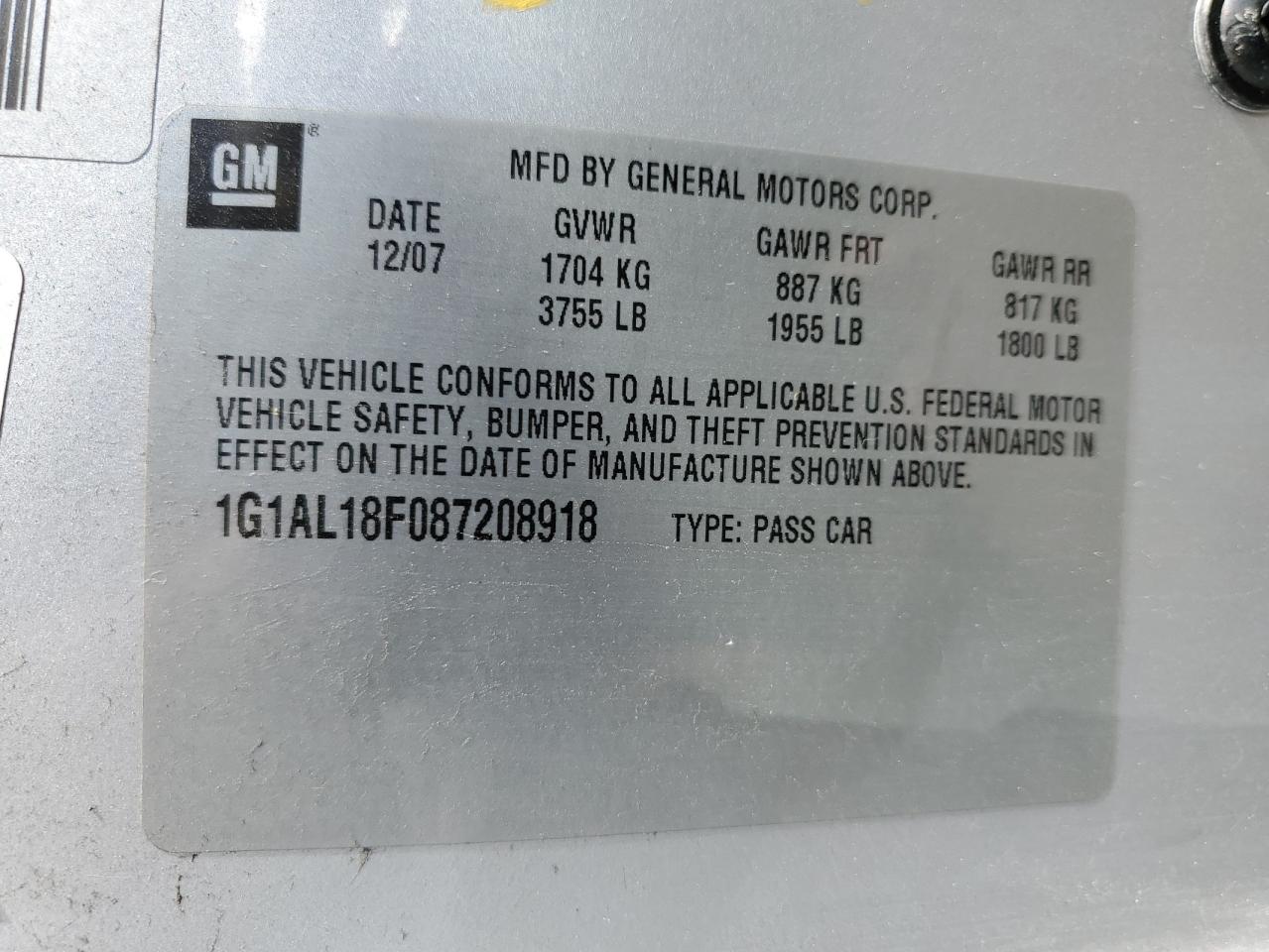 1G1AL18F087208918 2008 Chevrolet Cobalt Lt