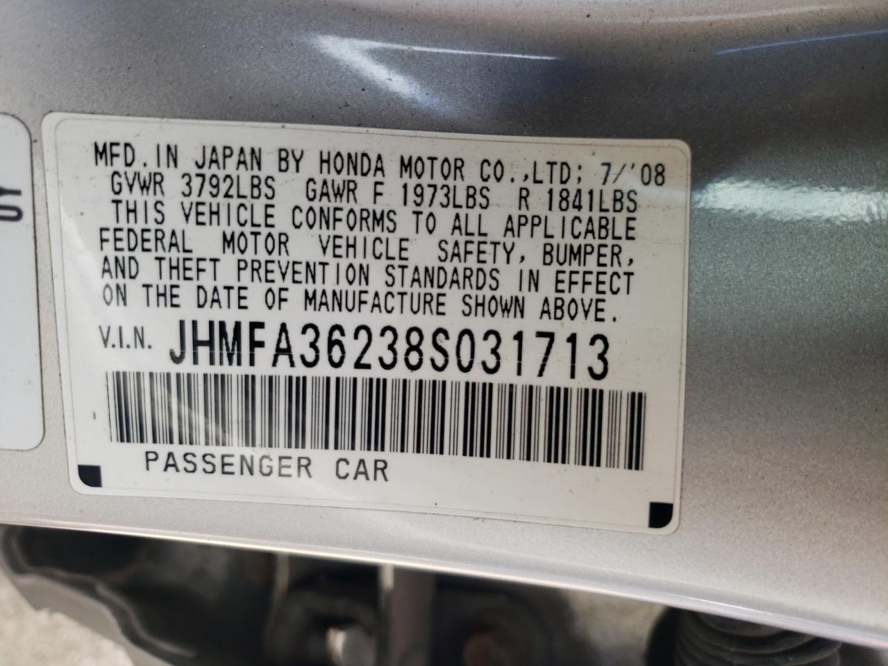 JHMFA36238S031713 2008 Honda Civic Hybrid