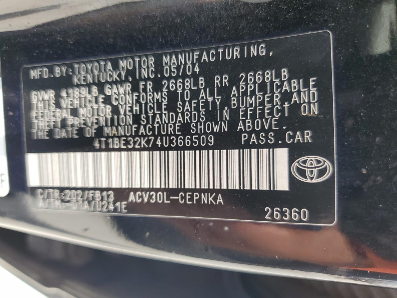 4T1BE32K74U366509 2004 Toyota Camry Le