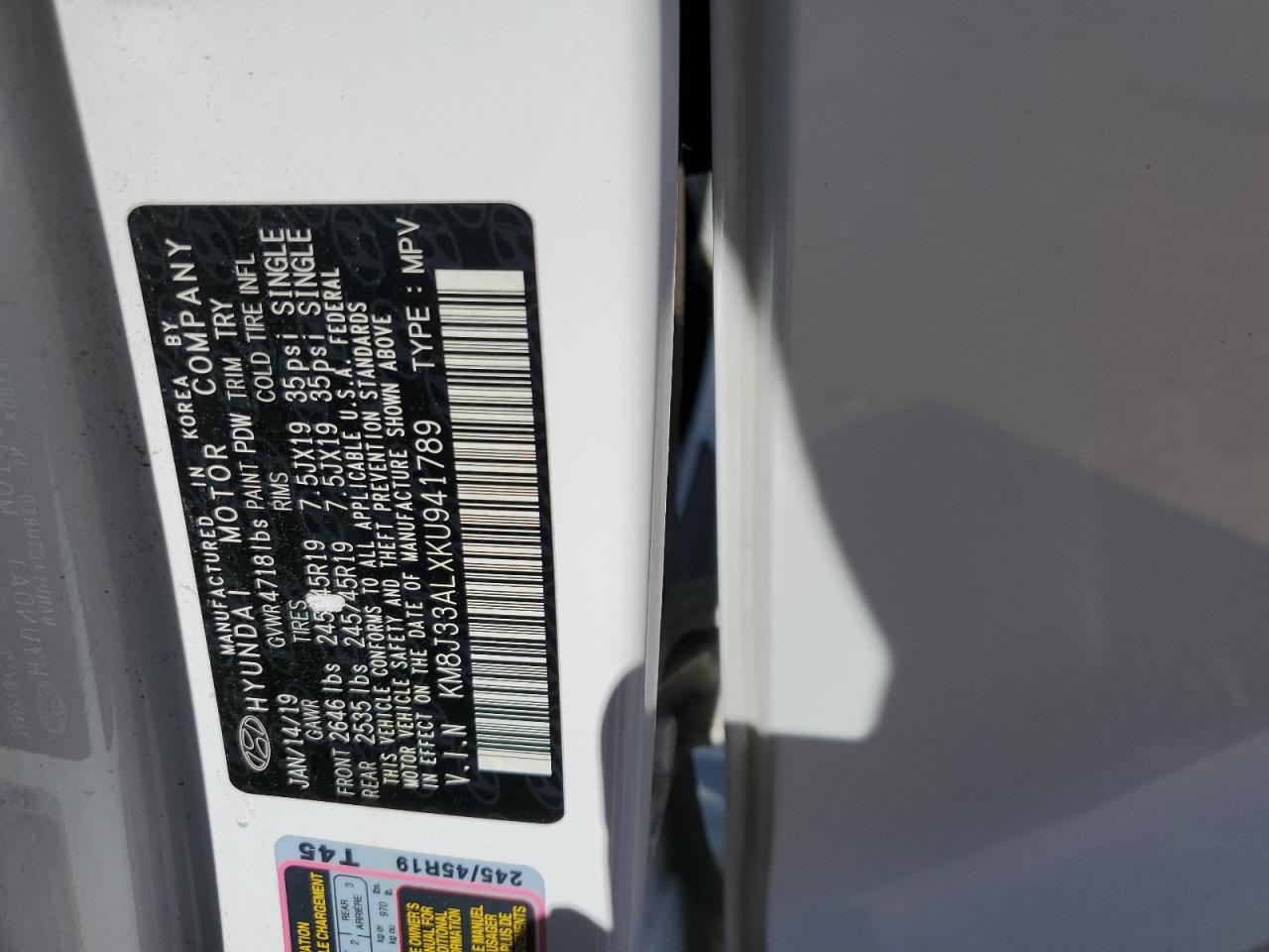 KM8J33ALXKU941789 2019 Hyundai Tucson Limited