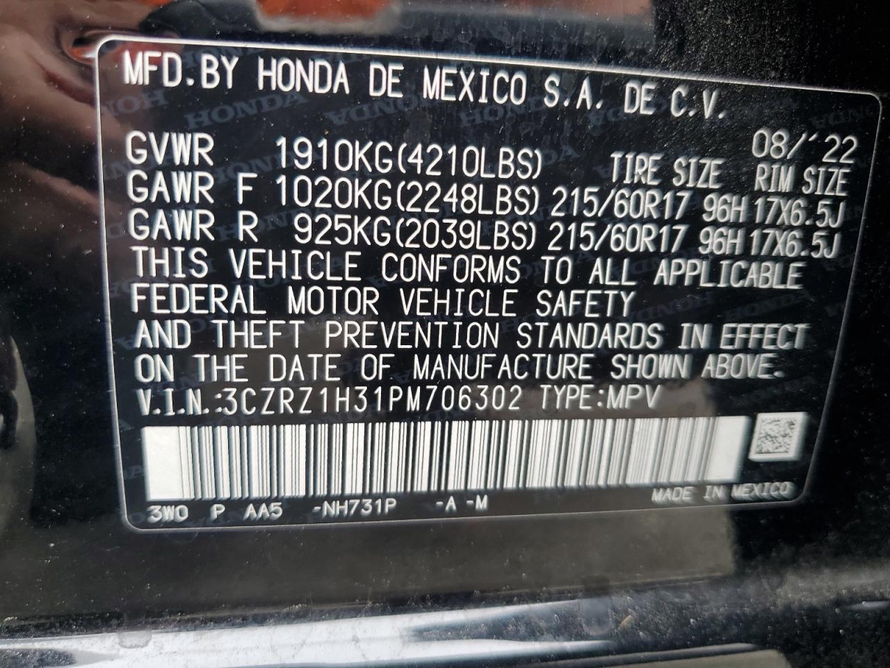 3CZRZ1H31PM706302 2023 Honda Hr-V Lx