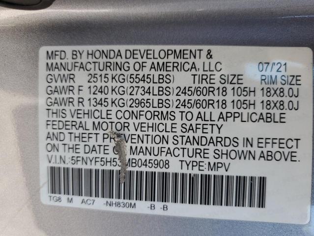 2021 Honda Pilot Exl VIN: 5FNYF5H53MB045908 Lot: 59785124