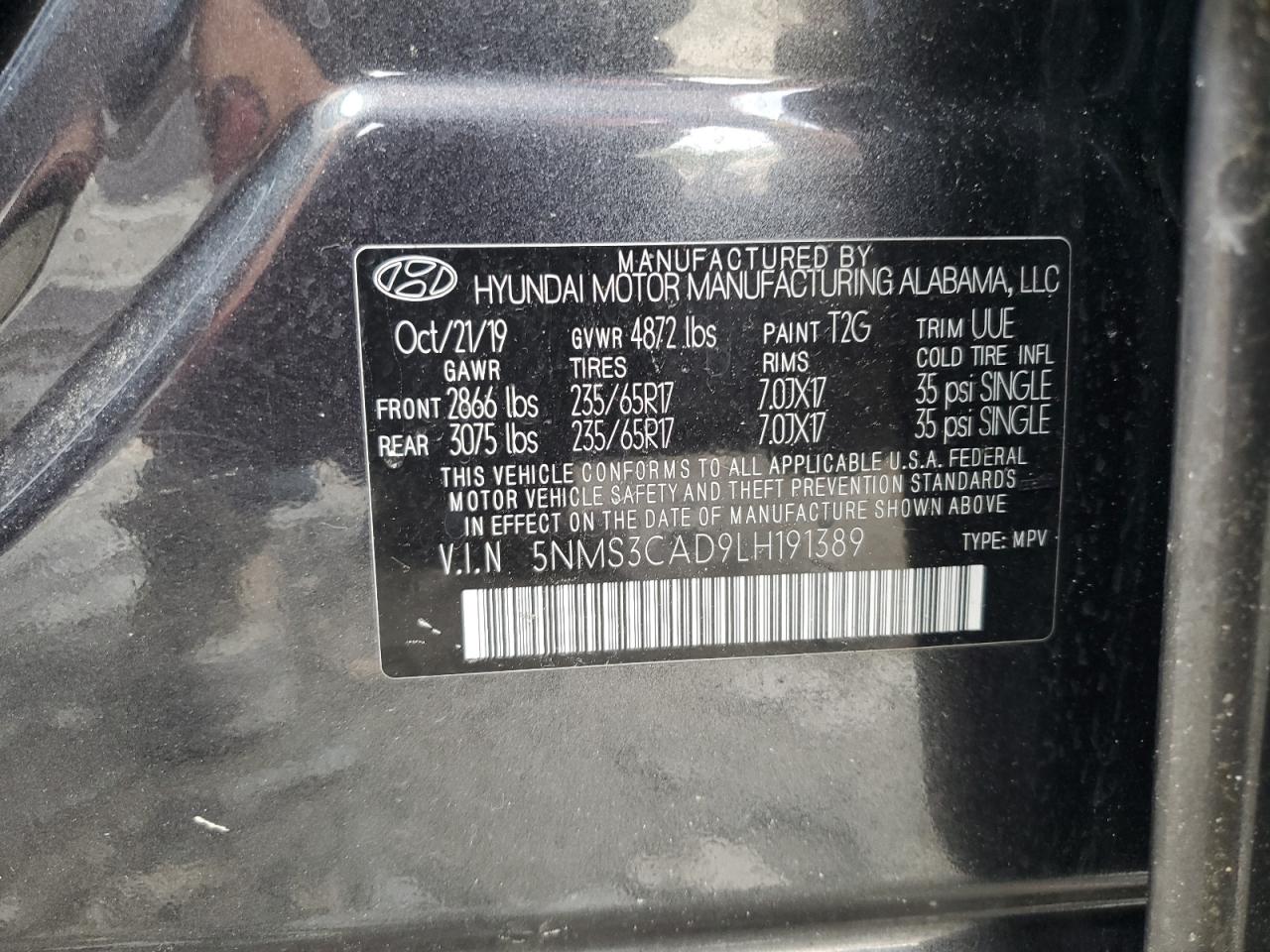 5NMS3CAD9LH191389 2020 Hyundai Santa Fe Sel