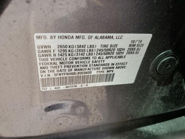 2020 Honda Pilot Touring VIN: 5FNYF6H68LB020600 Lot: 59064414