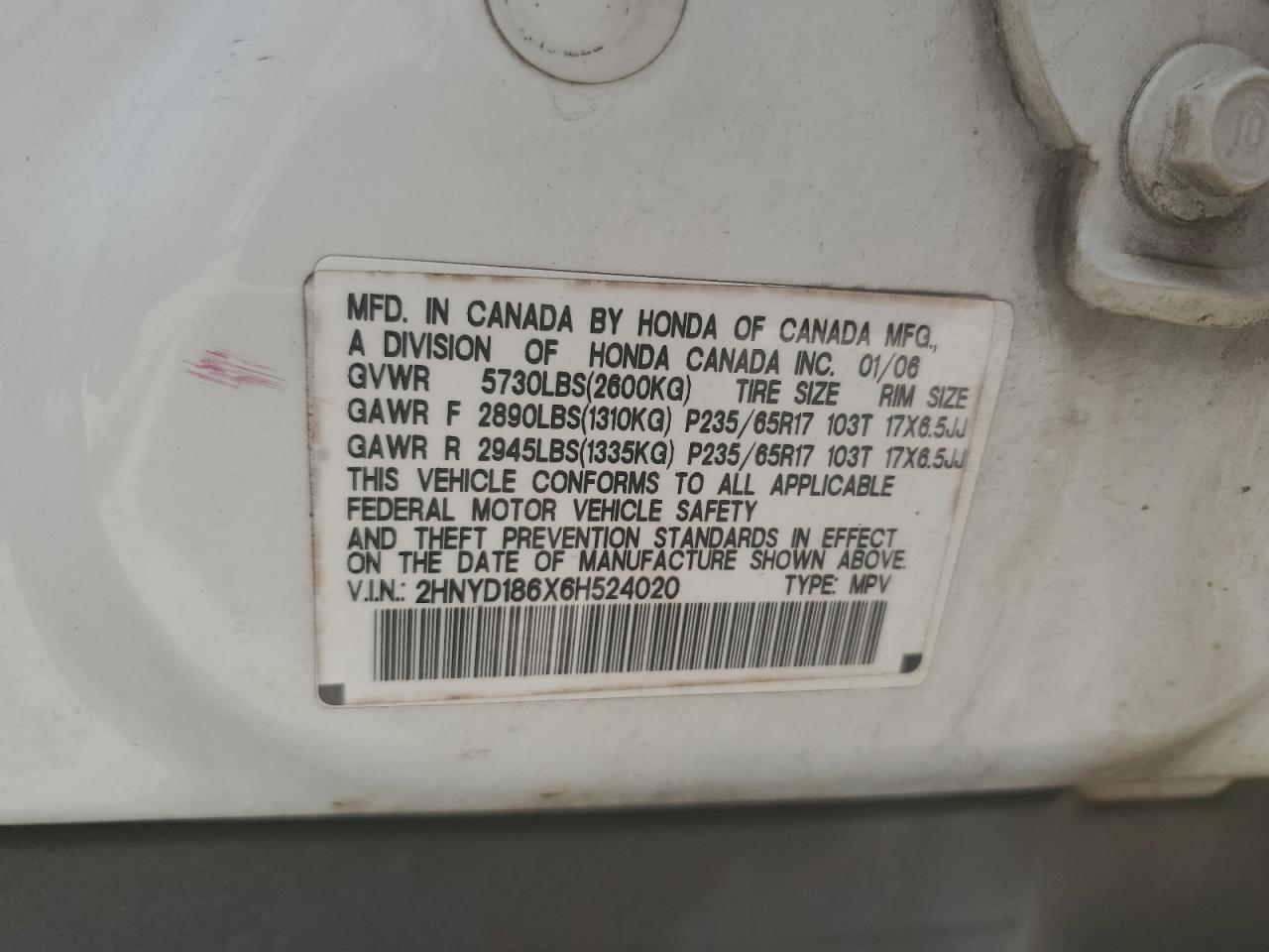 2HNYD186X6H524020 2006 Acura Mdx Touring