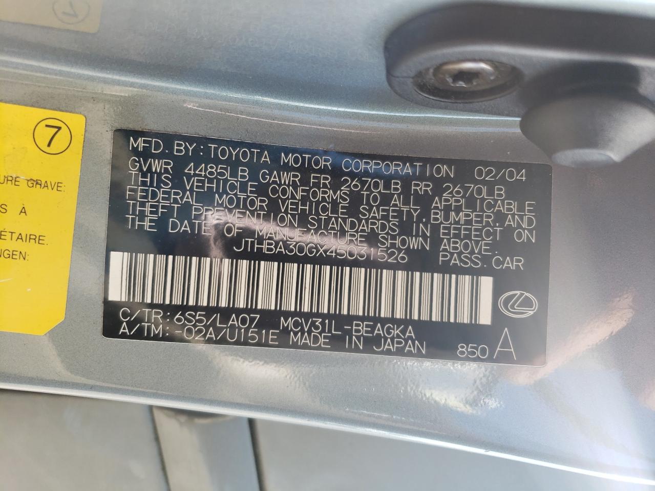 JTHBA30GX45031526 2004 Lexus Es 330