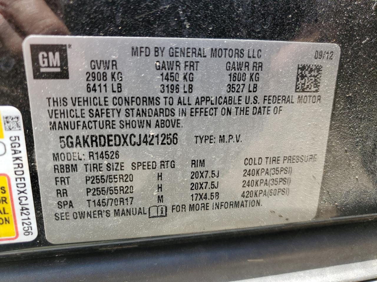 5GAKRDEDXCJ421256 2012 Buick Enclave