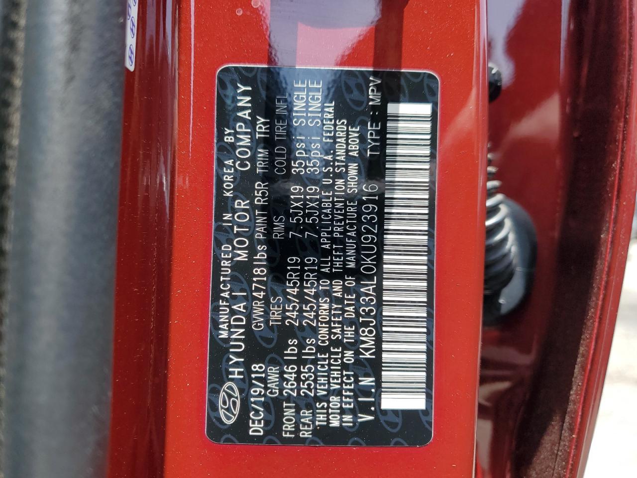 KM8J33AL0KU923916 2019 Hyundai Tucson Limited