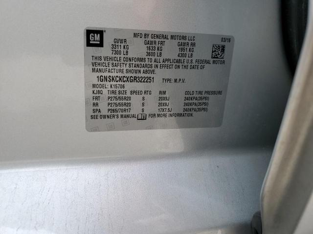 2016 Chevrolet Tahoe K1500 Ltz VIN: 1GNSKCKCXGR322251 Lot: 59697034