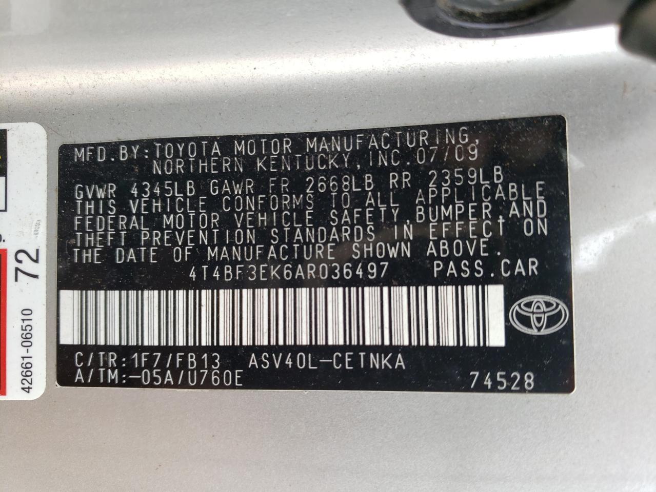 4T4BF3EK6AR036497 2010 Toyota Camry Base