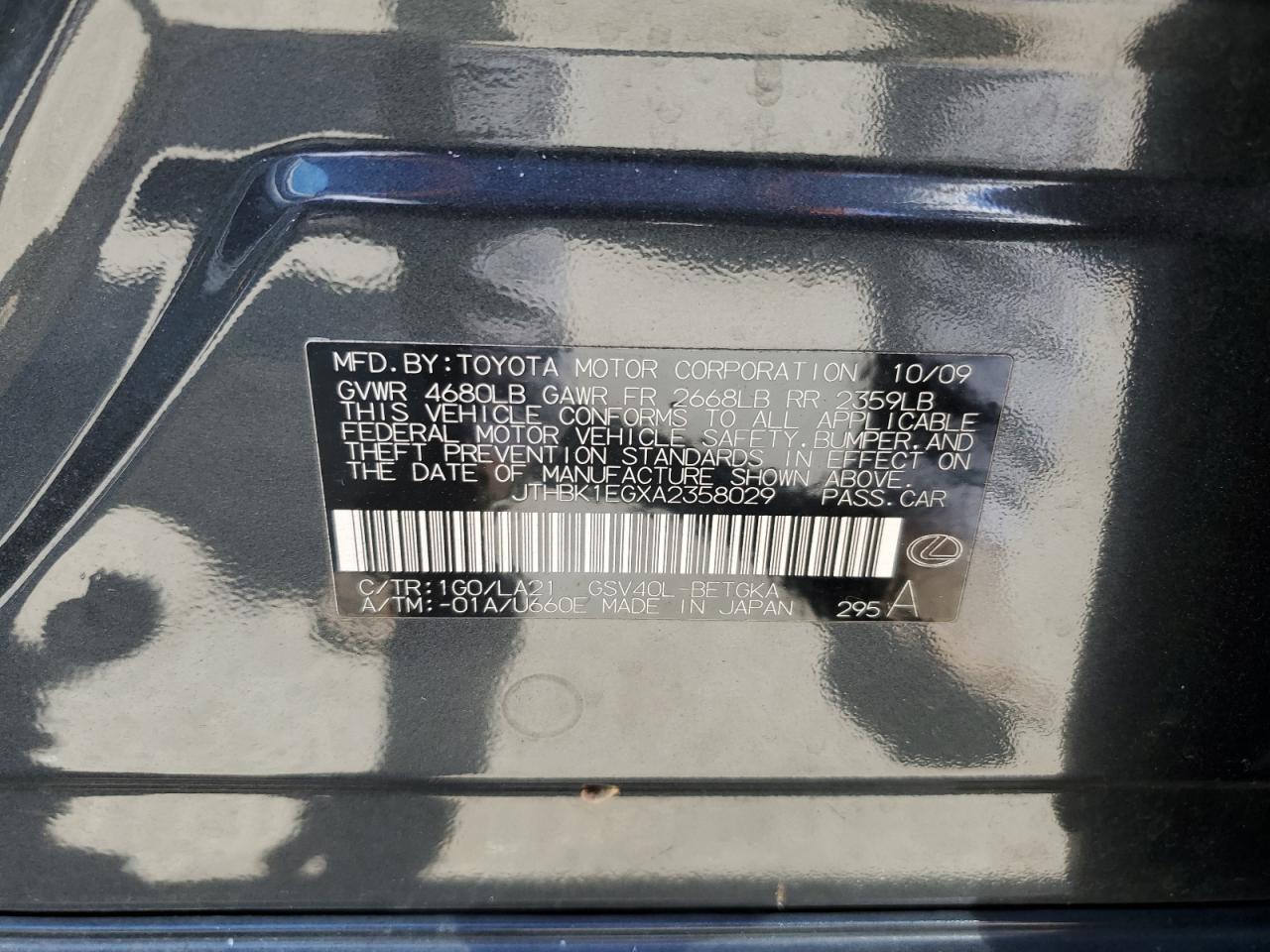 JTHBK1EGXA2358029 2010 Lexus Es 350