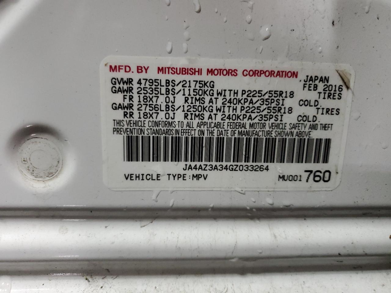 JA4AZ3A34GZ033264 2016 Mitsubishi Outlander Se