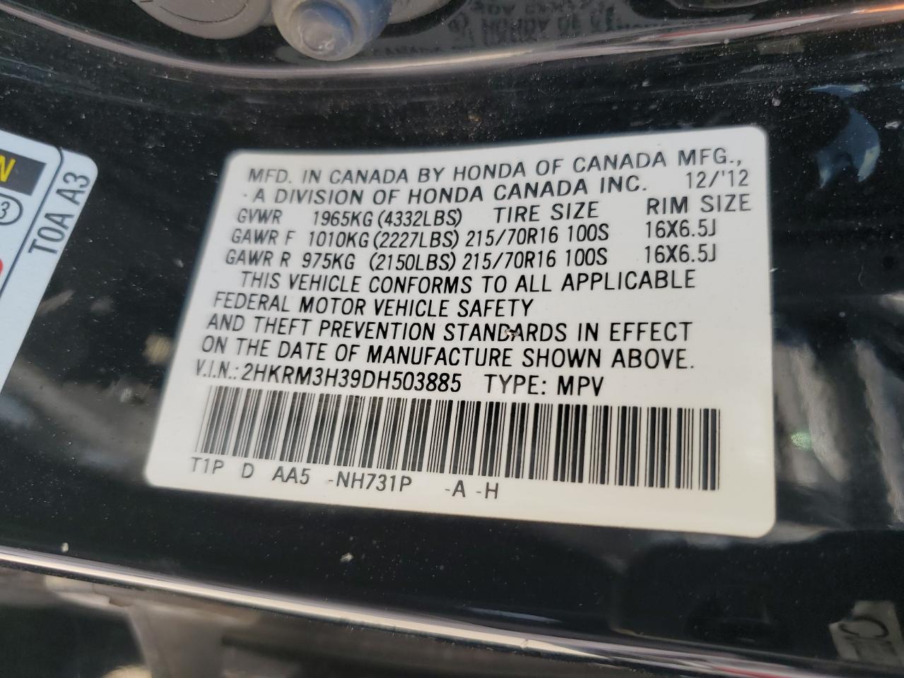 2HKRM3H39DH503885 2013 Honda Cr-V Lx