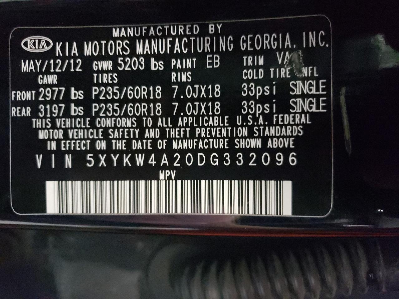 5XYKW4A20DG332096 2013 Kia Sorento Sx