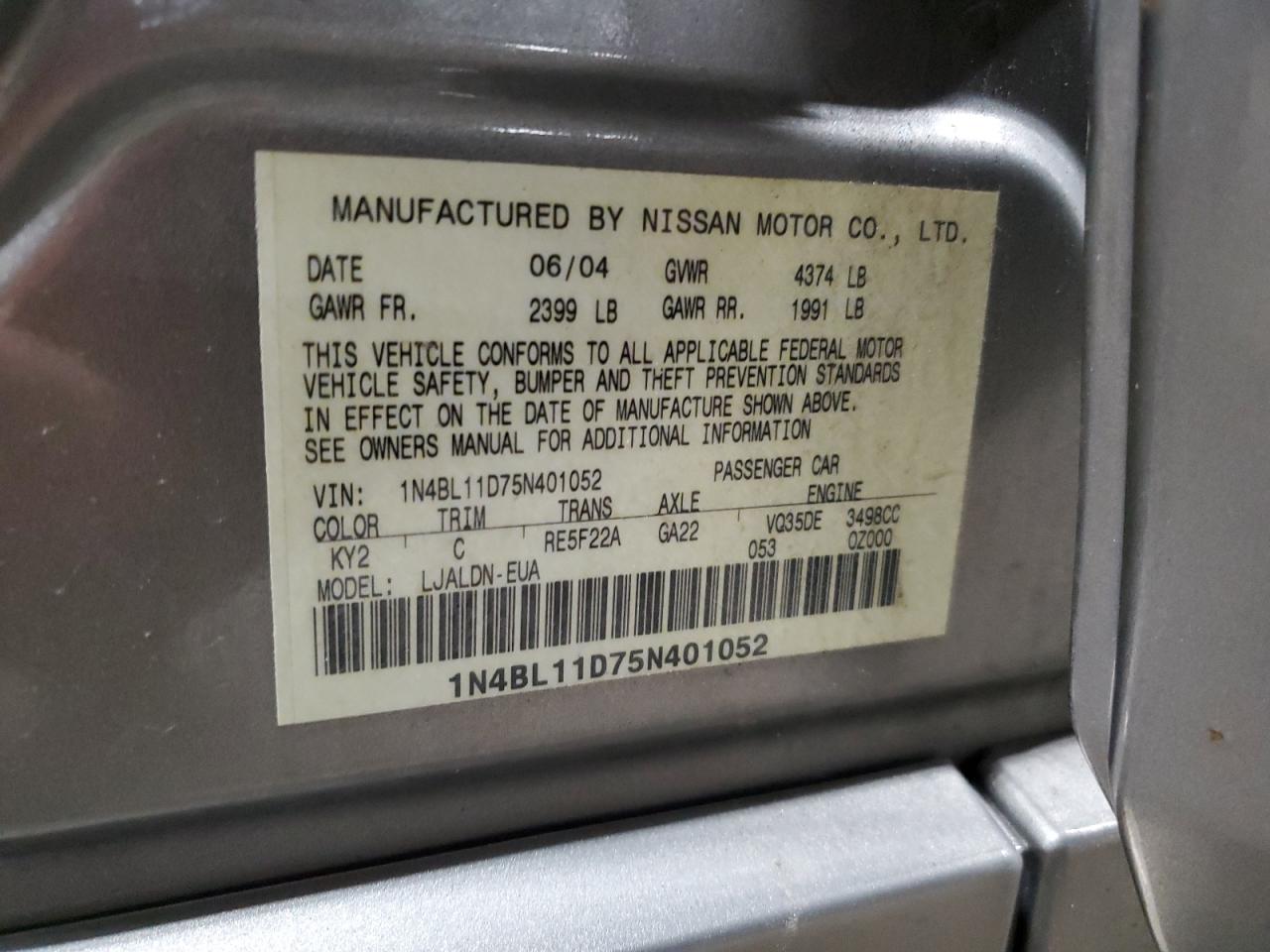 1N4BL11D75N401052 2005 Nissan Altima Se