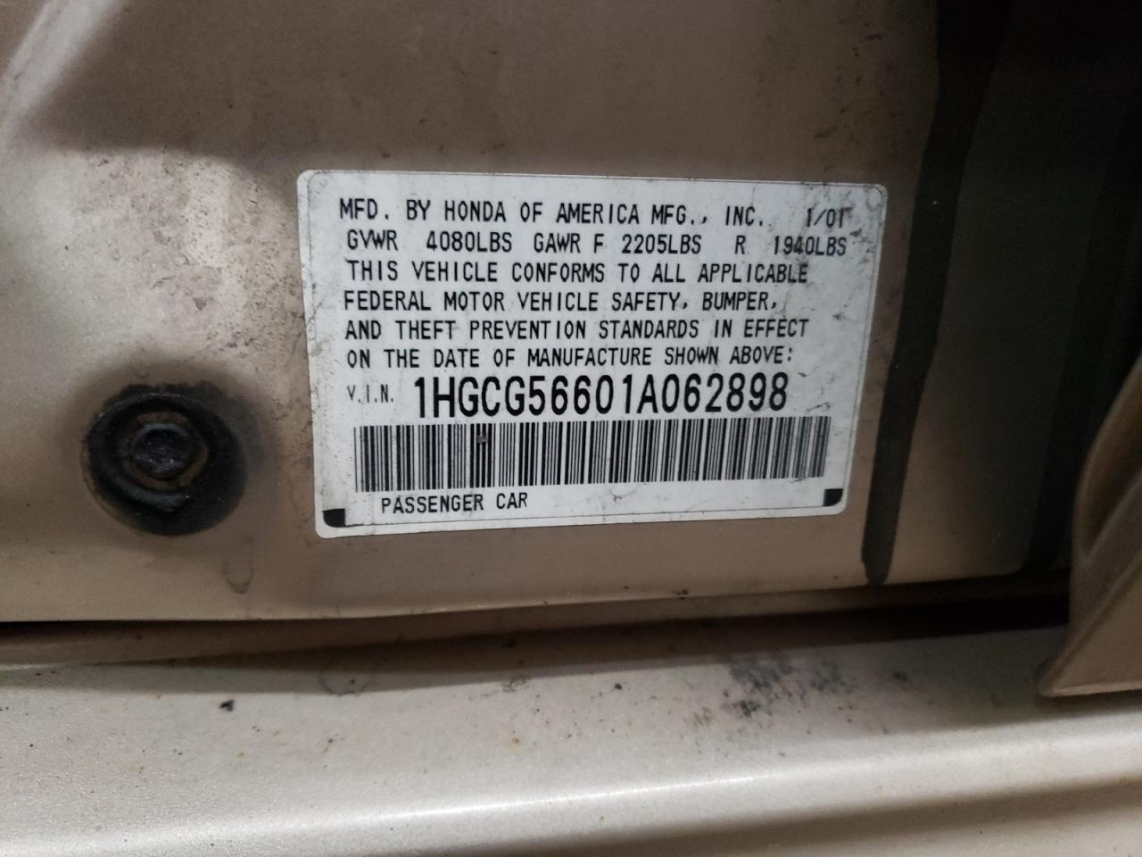 1HGCG56601A062898 2001 Honda Accord Ex